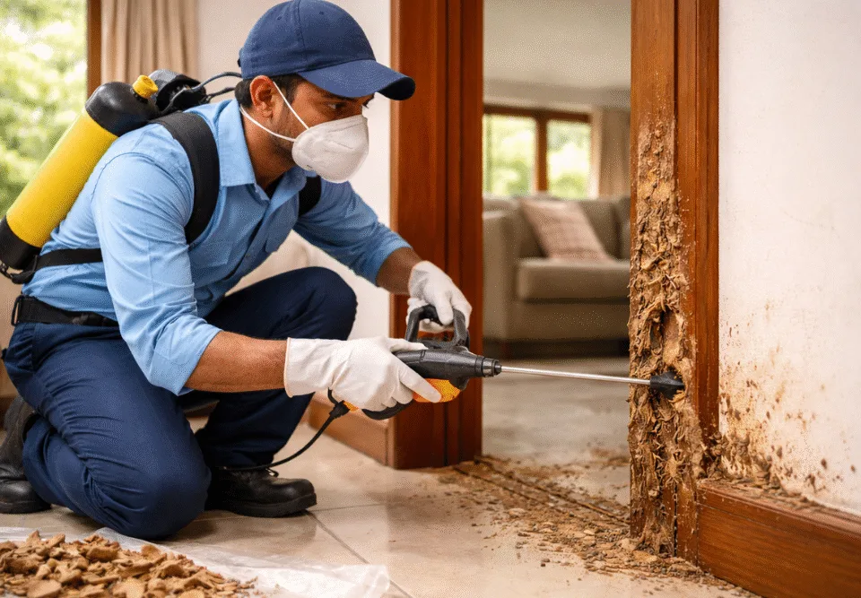 Termite treatment in wooden door frame